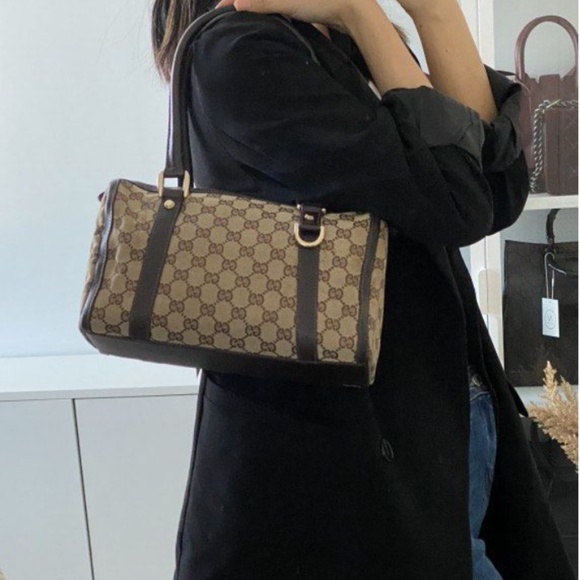 Authentic Gucci GG Canvas Abbey Boston Tote D-Ring Shoulder Leather Handbag - Picture 4 of 14